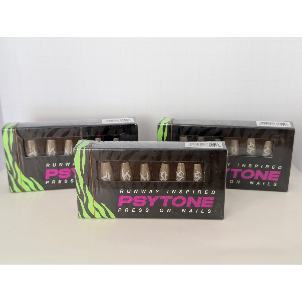 Psytone Runway Inspired Press On Nails Neutral Color, Glitter 3‎ Packs 24ct Kit